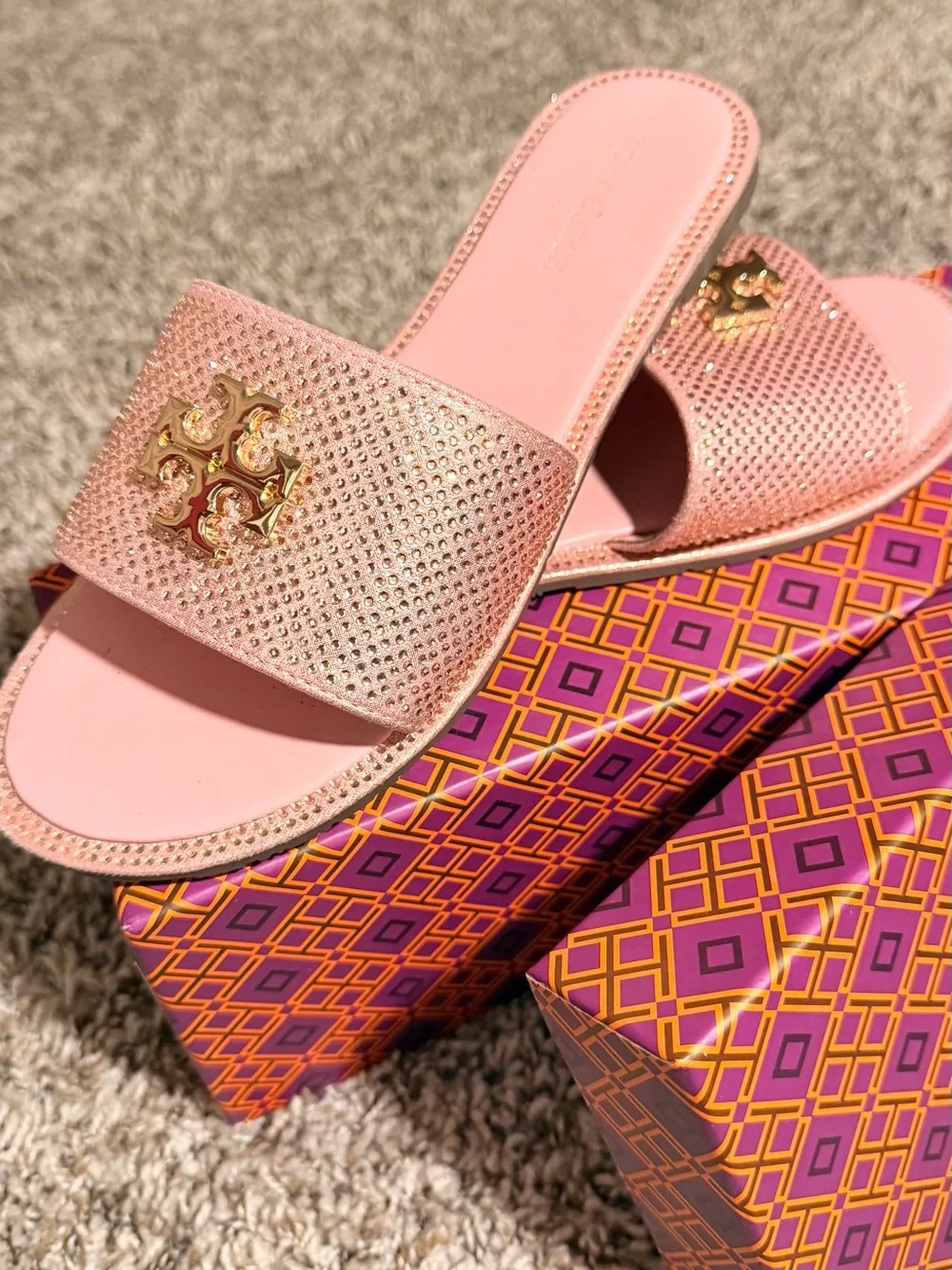 Tory Burch Metallic Rose Gold Logo Slide Sandals